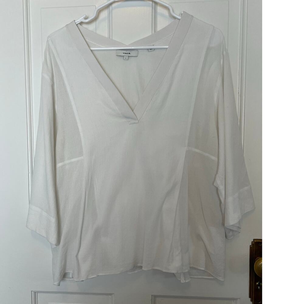 Vince White Popover Blouse Top 3/4 Sleeve V Neck Structured Seam Semi Sheer Sz S